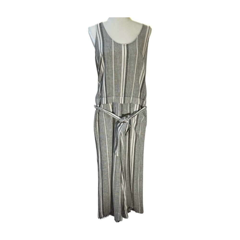 Cloth & Stone Linen Blend Cropped Wide Leg Jumpsuit Belted Gray White Size Small